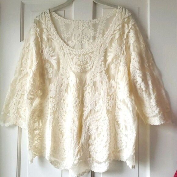 VINTAGE STYLE LACE TOP CREAM WHITE LARGE GIRLY ROMANTIC FEMININE REGENCY RETRO - Picture 1 of 8